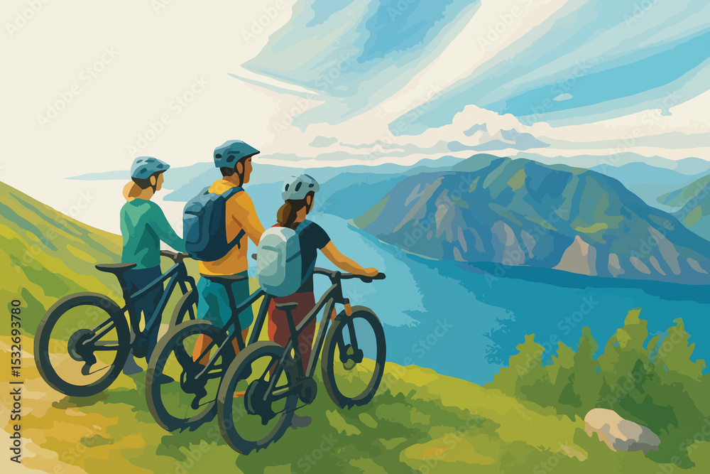 Fototapeta premium Scenic Mountain Biking Adventure with Family Overlooking Lake View
