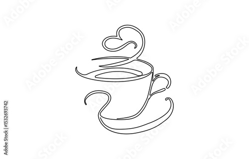 Continuous one line drawing of a coffee cup with heart-shaped steam, A cup of coffee with steam in single line draw illustration. Coffee cup continuous line sketch tea icon  sketch drink single art.