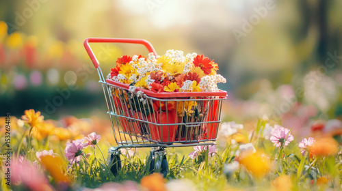 A red and yellow shopping cart filled with colorful flowers in a vibrant garden setting.