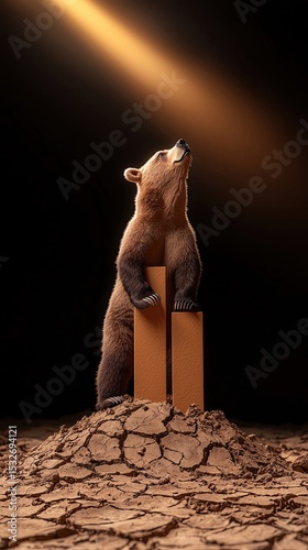A bear standing on top of an upward graph, on a cracked dry earth floor, climate finance symbolism, moody sunlight rays, photorealistic, cinematic sharpness, concept stock photo photo