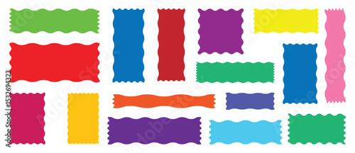 Set of wavy edge frame. Rectangle, square and oval shape frame with zigzag edge. Set of Zigzag and colorful Shapes. Zig Zag Shapes for Stickers, banners. Colorful zigzag shapes.