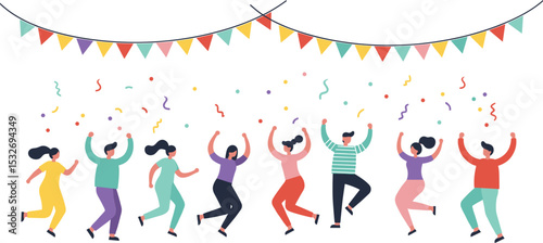 Group of people celebrating with colorful confetti and decorations, dancing at a joyful party, festival, or celebration event flat vector illustration