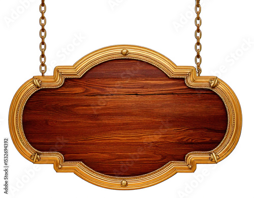 A wooden sign hanging from a chain. The sign is large and has a gold frame