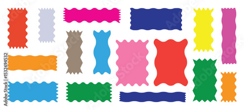 Set of wavy edge frame. Rectangle, square and oval shape frame with zigzag edge. Set of Zigzag and colorful Shapes. Zig Zag Shapes for Stickers, banners. Colorful zigzag shapes.
