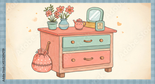 Charming Pastel Pink and Teal Two-Drawer Dresser with Flowers and Teapot Illustration