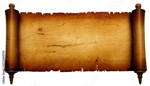 A scroll of paper with a brown color and a rough texture. The scroll is long and narrow, and it is a piece of parchment. The scroll is not written on, but it has a sense of history and importance