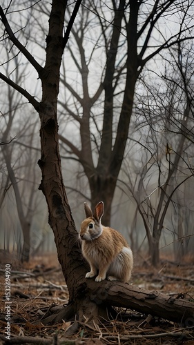 Gentle Rabbit Sitting at the Base of a Barren Forest Tree