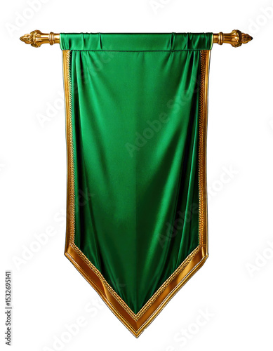 A green flag with gold trim hangs on a white background. The flag is large and has a triangular shape