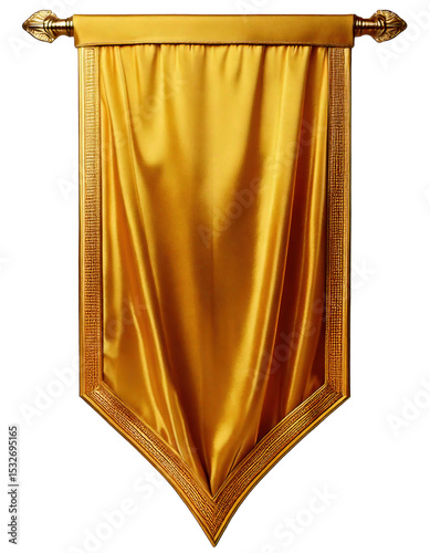A gold colored banner with a gold border. The banner is hanging from a white background. The banner is large and has a triangular shape