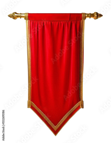 A red velvet banner with gold trim hangs on a white background. The banner is long and narrow, with a gold border. The red color of the banner is bold and eye-catching