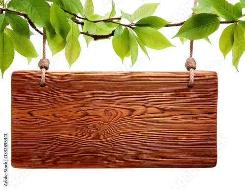 A wooden sign hanging from a tree branch. The sign is wooden and has a rope attached to it. The sign is hanging from a tree branch and is surrounded by green leaves