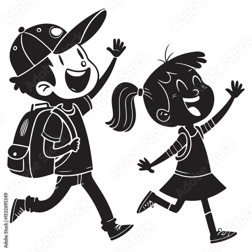 A play ful kids going too school with a bag illlustration in white backraund