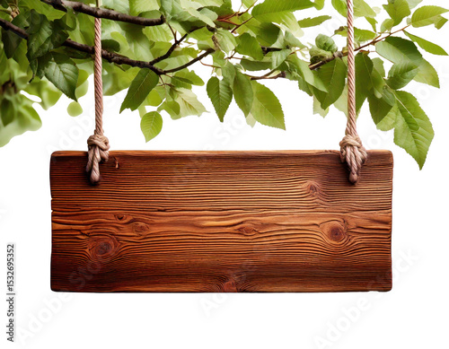 A wooden sign hanging from a tree branch. The sign is wooden and has a rope hanging from it