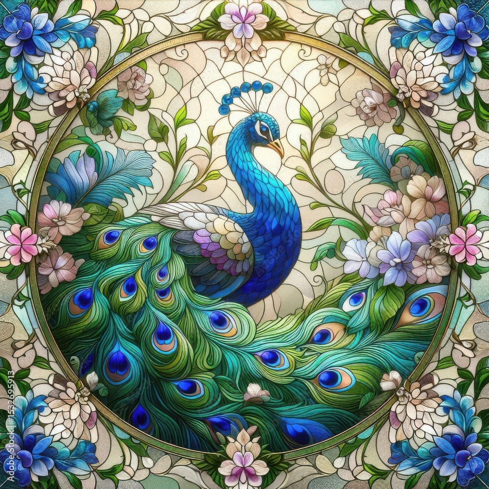 Fototapeta premium Stunning stained glass artwork of a colorful peacock, crafted with vivid detail, ornate shapes, and glowing sunlight reflections. A blend of elegance and decorative tradition.
