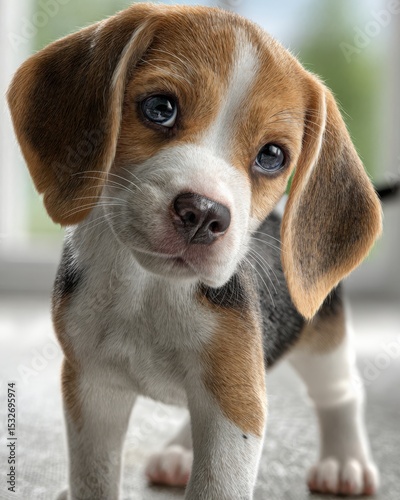 Adorable beagle puppy with expressive eyes, standing on a light-gray surface.