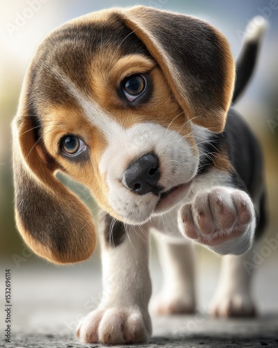 Adorable beagle puppy reaching forward with paw, big expressive eyes.