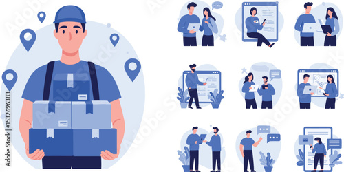 Courier delivering boxes with location icons, surrounded by coworkers using devices, discussing logistics, shipping updates, digital tracking,  flat vector illustration