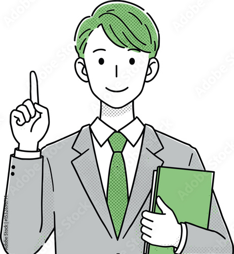 Businessman cartoon character in green suit holding document folder, raising finger, presenting advice, office concept, professional explanation vector illustration

 flat vector illustration