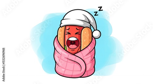 A Cute Cartoon Hot Dog Snuggling in a Pink Blanket and Wearing a Sleep Cap, Dreaming Sweet Dreams