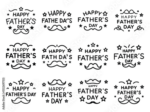 Collection of Black and White Happy Father’s Day Badge Icons Featuring Mustache, Stars, and Decorative Typography for Celebration Graphics and Greeting Card Designs