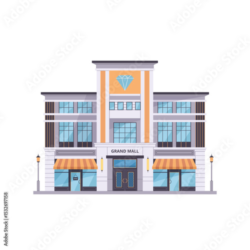 Modern Grand Mall building in flat style. New retail center or store facade isolated on white background. Front view. Vector clip art for web, apps, infographics, and shopping concept.