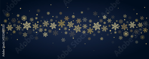 Christmas snowflakes background. Winter gold snow falling, blue minimal decoration with snow flakes and stars, greeting card. Vector illustration