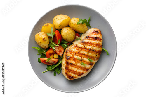 High-resolution PNG image of a grilled chicken steak, isolated on a transparent background. Features juicy, golden-brown chicken breast with grill marks, often accompanied by herbs or light garnish.