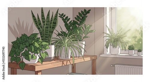 Sunlit Indoor Plants: A Serene Botanical Illustration