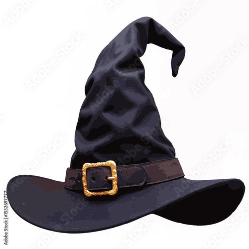 Flat Witch Hat with Buckle and Curl, Halloween Costume Icon