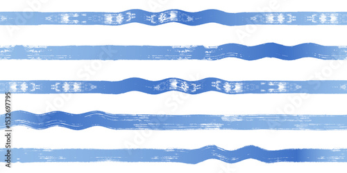Wave stripes seamless pattern. Hand drawn wavy water lines vector print, textured paint lines with waves, blue watercolor background