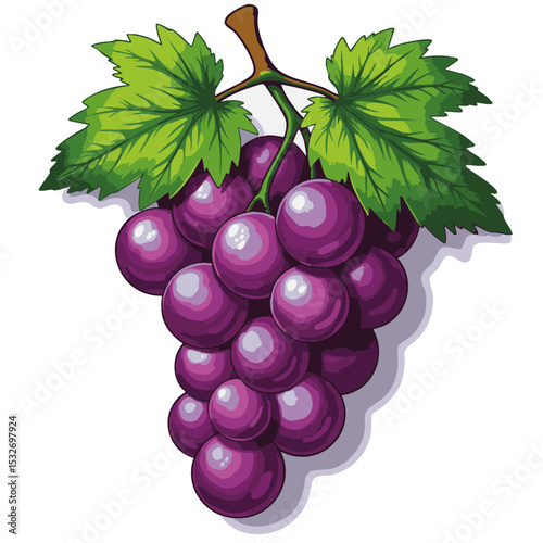 Flat Grapes Bunch Icon with Leaves, Purple Fruit Illustration