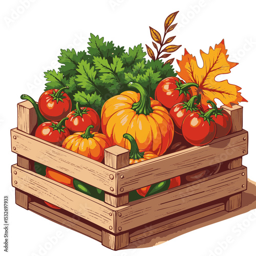 Flat Wooden Crate with Mixed Fall Produce, Farm Icon