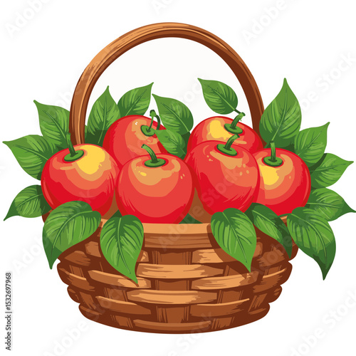 Flat Basket with Apples and Leaves, Harvest Season Icon