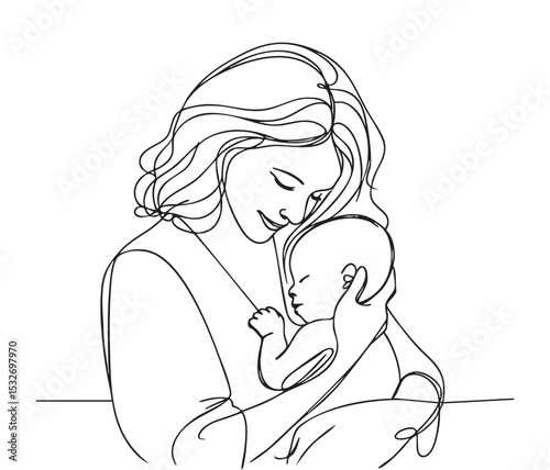 Abstract mother with a child in continuous one line drawing art style. Mother s Day card. Woman hugging her baby