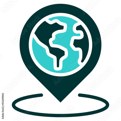 Global Address - Glyph Dual Tone Silhouette icon - Globe inside a location pin, representing international contact, global office, or worldwide reach