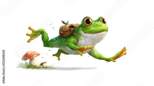 A whimsical green frog, carrying a backpack, leaps energetically across a white background, near a mushroom.