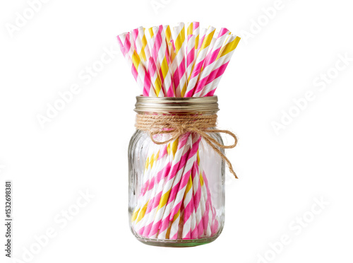 Pink and yellow striped paper straws in a glass jar, Isolated On Transparent Background