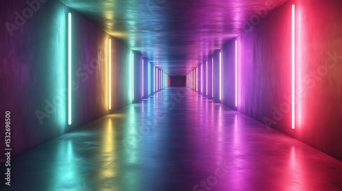 Neon-lit concrete tunnel hallway. photo
