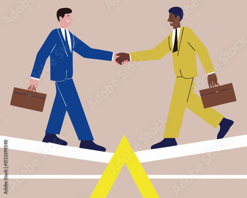 Businessmen shaking hands on tightrope representing partnership collaboration and risk management strategy success