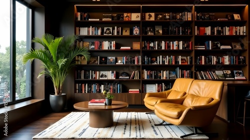 Cozy reading nook with modern furniture and a rich bookshelf in a stylish interior setting