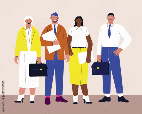 Diverse team of professionals standing together in business attire with briefcases and documents vector