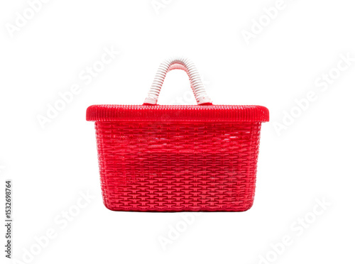 Red plastic wicker picnic basket with white handle, Isolated On Transparent Background