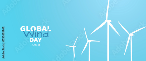 Global wind day 15 june banner with windmills on blue background. White silhouettes of wind turbines. Wind towers with vanes for producing renewable alternative natural energy. Vector illustration