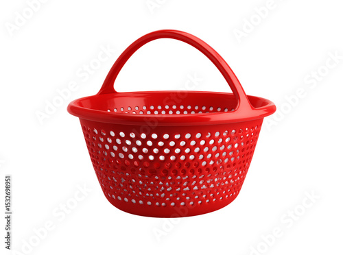 Red plastic basket with handle perforated design home kitchen storage, Isolated On Transparent Background