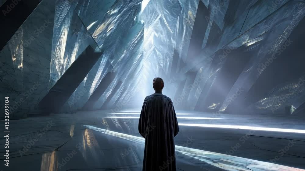Epic view of a lone figure in an expansive crystal cave illuminated by beams of light highlighting the sharp, angular formations