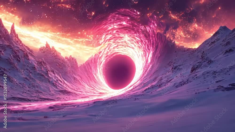 Surreal mountain landscape with black hole portal and surreal pink sky, stars, portal, mountain, and surreal environment.