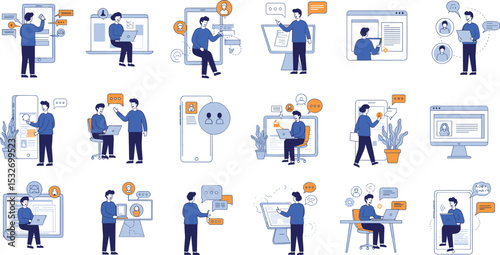 Flat vector illustration of people interacting with mobile apps, sending messages, managing profiles, and collaborating online through digital communication tools

 flat vector illustration