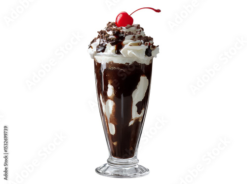 Delicious chocolate ice cream sundae with whipped cream and cherry, Isolated On Transparent Background