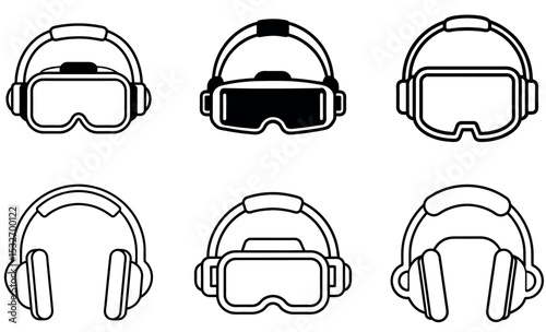 Black and White Line Art Illustration Featuring Various Styles of VR Headsets and Headphones