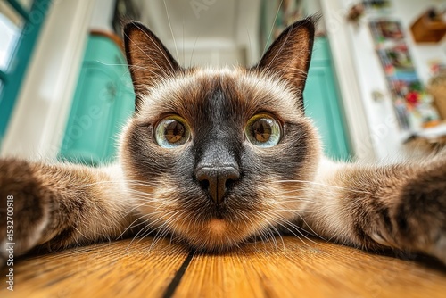 Hilarious Siamese Cat Sitting Upright Like a Human with a Serious Look in a Bright Indoor Room